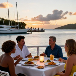 Caribbean Holidays, BVI Business Class, Elegant waterfront restaurant in the British Virgin Islands at sunset, diners enjoying Caribbean cuisine beside a marina