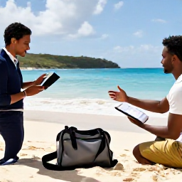 Caribbean Holidays, BVI Business Class, Friendly travel consultant showing an itinerary for the British Virgin Islands to a couple planning an August business-class holiday