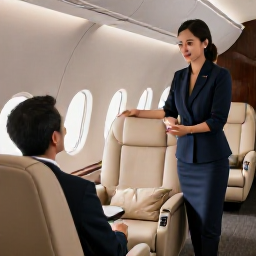 Caribbean Holidays, BVI Business Class, Luxury business-class aircraft cabin with comfortable seats, elegant service and a traveller looking forward to a Caribbean holiday