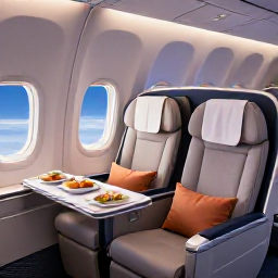 Caribbean Holidays, BVI Business Class, Luxury business class cabin on a flight to the British Virgin Islands, comfortable wide seats, refined meal service and soft evening light