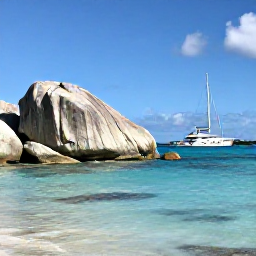 Caribbean Holidays, BVI Business Class, Luxury sailing yacht near the Baths on Virgin Gorda, giant granite boulders, bright blue sea and sunny September sky