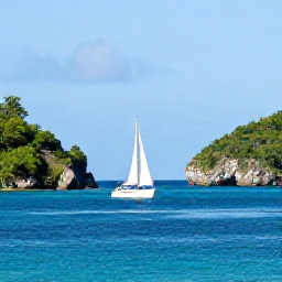 Caribbean Holidays, BVI Business Class, Sailing boat passing between lush Caribbean islands near Tortola with calm blue sea and bright July sunshine