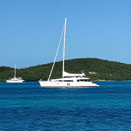 Caribbean Holidays, BVI Business Class, Sailing yacht passing between lush British Virgin Islands with calm blue water and clear skies