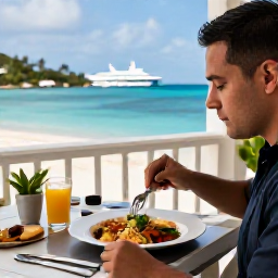 Caribbean Holidays, BVI Business Class, Traveller enjoying a fresh Caribbean meal at a relaxed waterfront restaurant in Road Town, British Virgin Islands