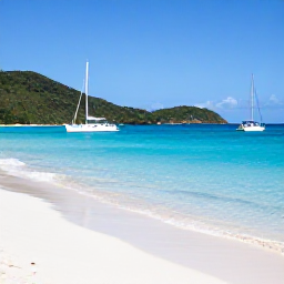 Caribbean Holidays, BVI Business Class, White sand beach on Tortola in December, clear turquoise water, anchored sailing boats and green Caribbean hills