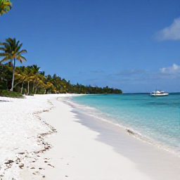 Caribbean Holidays, BVI Business Class, White sandy beach on Tortola in the British Virgin Islands, clear shallow water, palm trees and a small boat offshore