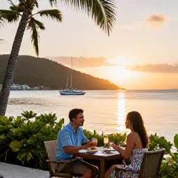 Caribbean Holidays, BVI Couples Holidays, A couple dining at a relaxed seaside restaurant at sunset in the British Virgin Islands, with tropical greenery and boats on calm water
