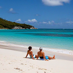 Caribbean Holidays, BVI Couples Holidays, A couple relaxing on a quiet white-sand beach beside clear turquoise water in the British Virgin Islands in July