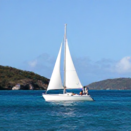 Caribbean Holidays, BVI Couples Holidays, A couple sailing between green Caribbean islands on a bright July day, with a small yacht and calm blue sea in the British Virgin Islands