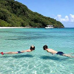 Caribbean Holidays, BVI Couples Holidays, A couple snorkelling in clear shallow water near a secluded Caribbean beach, with lush hills and a small boat in the background