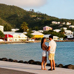 Caribbean Holidays, BVI Couples Holidays, Couple exploring a colourful harbour and tropical hillside village in the British Virgin Islands, warm daylight and relaxed Caribbean atmosphere