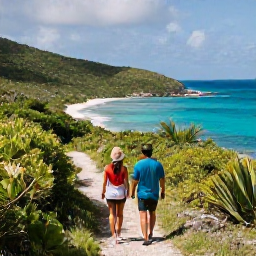 Caribbean Holidays, BVI Couples Holidays, Couple hiking through a green coastal trail overlooking turquoise bays on Tortola, British Virgin Islands