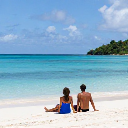 Caribbean Holidays, BVI Couples Holidays, Couple relaxing on a quiet white-sand beach in the British Virgin Islands, calm turquoise sea, tropical sunshine