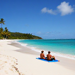Caribbean Holidays, BVI Couples Holidays, Couple relaxing on a quiet white-sand beach in the British Virgin Islands during October, turquoise sea and palm trees