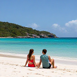 Caribbean Holidays, BVI Couples Holidays, Couple relaxing on a quiet white-sand beach in the British Virgin Islands during warm May sunshine