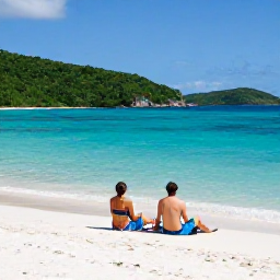 Caribbean Holidays, BVI Couples Holidays, Couple relaxing on a quiet white-sand beach in the British Virgin Islands, turquoise sea and lush green hills