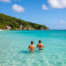 Caribbean Holidays, BVI Couples Holidays, Couple swimming and snorkelling in clear turquoise water beside a tropical British Virgin Islands beach