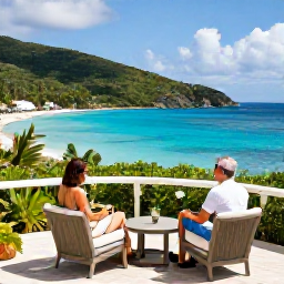 Caribbean Holidays, BVI Couples Holidays, Peaceful luxury hotel terrace overlooking a Caribbean bay in the British Virgin Islands, tropical greenery and October sunshine