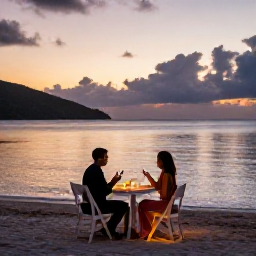Caribbean Holidays, BVI Couples Holidays, Romantic beachfront dinner for two in the British Virgin Islands at sunset, soft lights and calm Caribbean sea