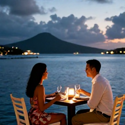Caribbean Holidays, BVI Couples Holidays, Romantic dinner for two at a waterfront restaurant in Tortola, British Virgin Islands, at dusk