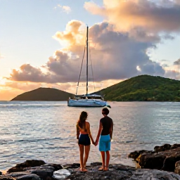 Caribbean Holidays, BVI Couples Holidays, Romantic sunset sail past green islands and rocky coves in the British Virgin Islands