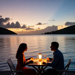 Caribbean Holidays, BVI Couples Holidays, Romantic waterfront dinner for two at sunset in the British Virgin Islands, warm lights and calm Caribbean sea