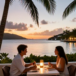 Caribbean Holidays, BVI Couples Holidays, Romantic waterfront restaurant in the British Virgin Islands at sunset, couple dining outdoors with harbour lights and tropical surroundings