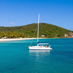 Caribbean Holidays, BVI Couples Holidays, Sailing boat cruising between green islands and turquoise bays in the British Virgin Islands under a clear February sky