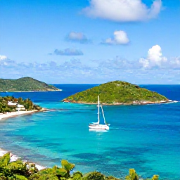 Caribbean Holidays, BVI Couples Holidays, Sailing boat passing green islands and sheltered bays in the British Virgin Islands, sunny October Caribbean sea