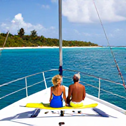 Caribbean Holidays, BVI Couples Holidays, Traditional sailing boat cruising between green Caribbean islands near Tortola, couple enjoying the deck