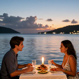 Caribbean Holidays, BVI Couples March, A couple enjoying a romantic Caribbean dinner at a waterside restaurant in the British Virgin Islands during sunset, with candles, fresh seafood and calm sea views