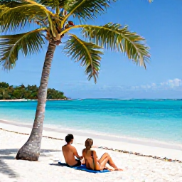 Caribbean Holidays, BVI Couples March, A couple relaxing on a quiet white-sand beach in the British Virgin Islands beneath palm trees, clear turquoise water and a bright March sky
