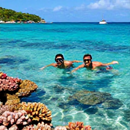 Caribbean Holidays, BVI Couples March, A couple snorkelling in crystal-clear Caribbean water near coral reefs in the British Virgin Islands, with tropical fish and a sailing boat in the distance