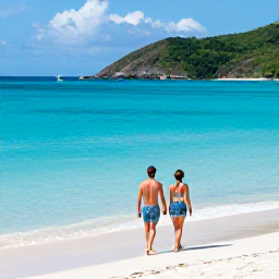 Caribbean Holidays, BVI Couples March, A couple walking hand in hand along a secluded British Virgin Islands beach, with calm Caribbean water, green hills and a small sailing boat offshore
