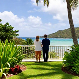 Caribbean Holidays, BVI Couples March, A stylish waterfront resort in the British Virgin Islands surrounded by tropical gardens, with a couple enjoying a private balcony overlooking the turquoise sea