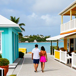 Caribbean Holidays, BVI Couples September, A couple walking through colourful streets and enjoying a relaxed waterfront restaurant in Tortola, British Virgin Islands
