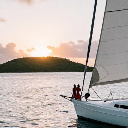 Caribbean Holidays, BVI Couples September, A romantic sunset viewed by a couple from a sailing boat among the green islands of the British Virgin Islands