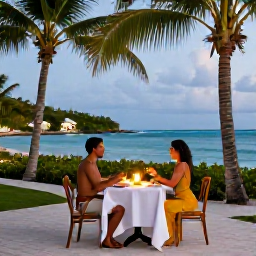 Caribbean Holidays, BVI Couples September, A stylish beachfront resort with a couple enjoying a candlelit dinner beneath palm trees in the British Virgin Islands