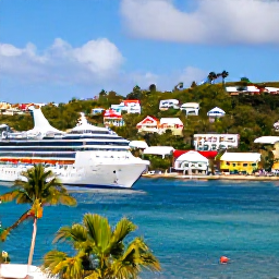 Caribbean Holidays, BVI Cruises, A lively waterfront harbour in Road Town, Tortola, with colourful buildings, palm trees and a small cruise ship in the bay