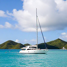 Caribbean Holidays, BVI Cruises, A modern sailing yacht anchored in the clear turquoise water of the British Virgin Islands, with green volcanic islands and a bright Caribbean sky