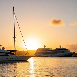 Caribbean Holidays, BVI Cruises, A sunset over a British Virgin Islands marina, with a luxury yacht in the foreground and calm golden Caribbean water
