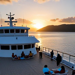 Caribbean Holidays, BVI Cruises May, Passengers relaxing on the deck of a small cruise yacht at sunset among the British Virgin Islands