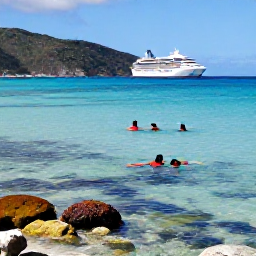 Caribbean Holidays, BVI Cruises May, Travellers swimming and snorkelling in clear shallow water near colourful coral and a sandy beach in the British Virgin Islands