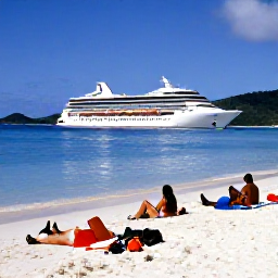 Caribbean Holidays, BVI Cruises, Passengers relaxing on the deck of a cruise yacht near a sandy Caribbean beach in the British Virgin Islands, with snorkelling equipment and calm blue sea