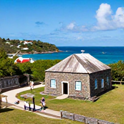 Caribbean Holidays, BVI Culture Holidays, Historic ruins and a small museum overlooking the sea on Tortola, British Virgin Islands, with visitors exploring island heritage