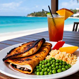 Caribbean Holidays, BVI Culture Holidays, Traditional British Virgin Islands food served at a friendly waterfront restaurant, including fresh fish, roti, peas and rice and tropical fruit