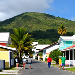 Caribbean Holidays, BVI Culture Holidays, Visitors walking through a quiet village on Tortola, British Virgin Islands, with colourful houses, palms and a Caribbean hillside backdrop