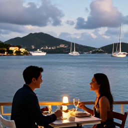 Caribbean Holidays, BVI December Couples, Couple dining at a waterfront restaurant in the British Virgin Islands at dusk, with tropical hills and boats in the harbour