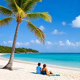 Caribbean Holidays, BVI December Couples, Couple relaxing on a quiet British Virgin Islands beach with palm trees, clear blue sea and December sunshine