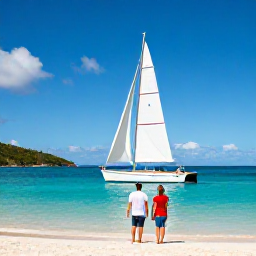 Caribbean Holidays, BVI December Couples, Couple sailing between green Caribbean islands in the British Virgin Islands under a clear blue sky